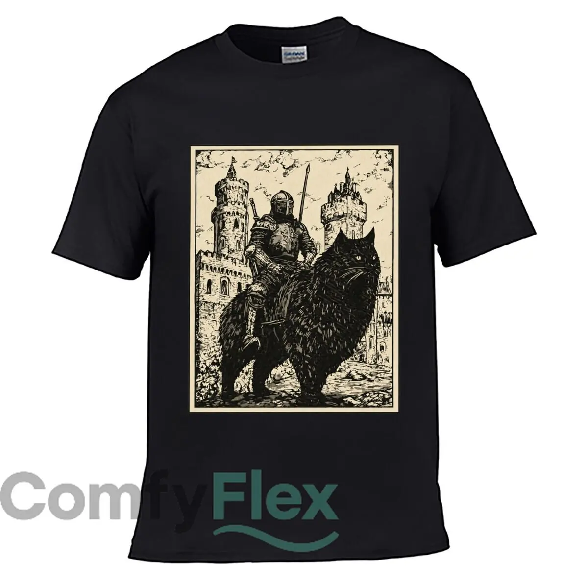 Medieval Knight Riding Giant Black Cat Gothic Castle Artwork Loose T-shirt Casual Tee