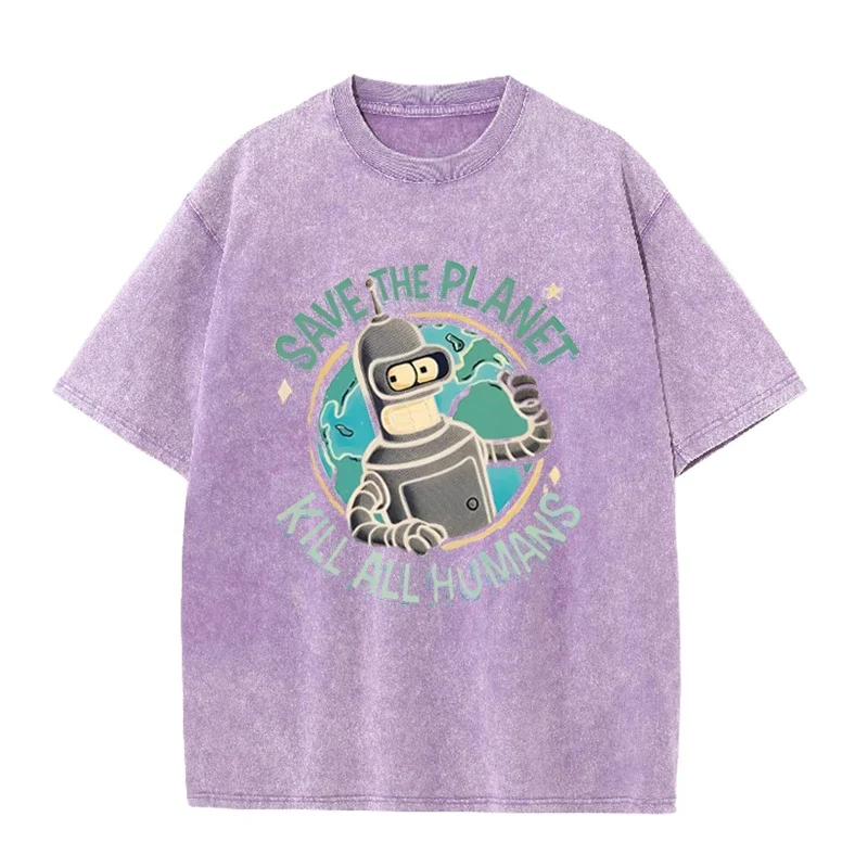 Vintage Purple Futurama Bender T Shirt Cartoon Acid Wash Oversized Tee