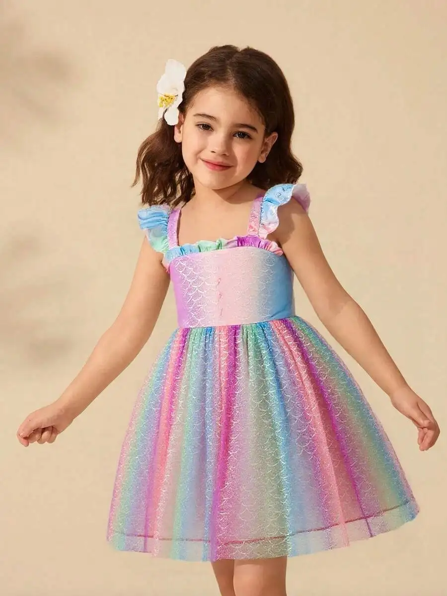 

Rainbow Fish Scale Print Ruffle Trim Cap Sleeve Sheer Evening Dress