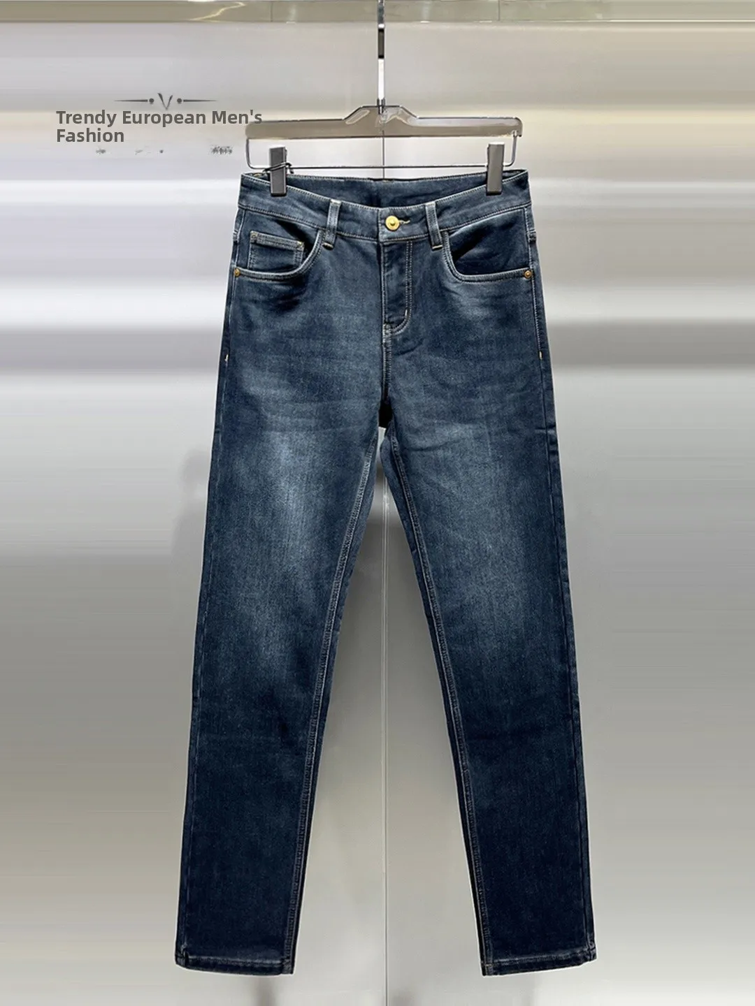 

Мужские синие джинсы с флисовой подкладкой, утепленные, модные, зимние, длинные брюки, комфортные, дышащие, теплые, эластичные