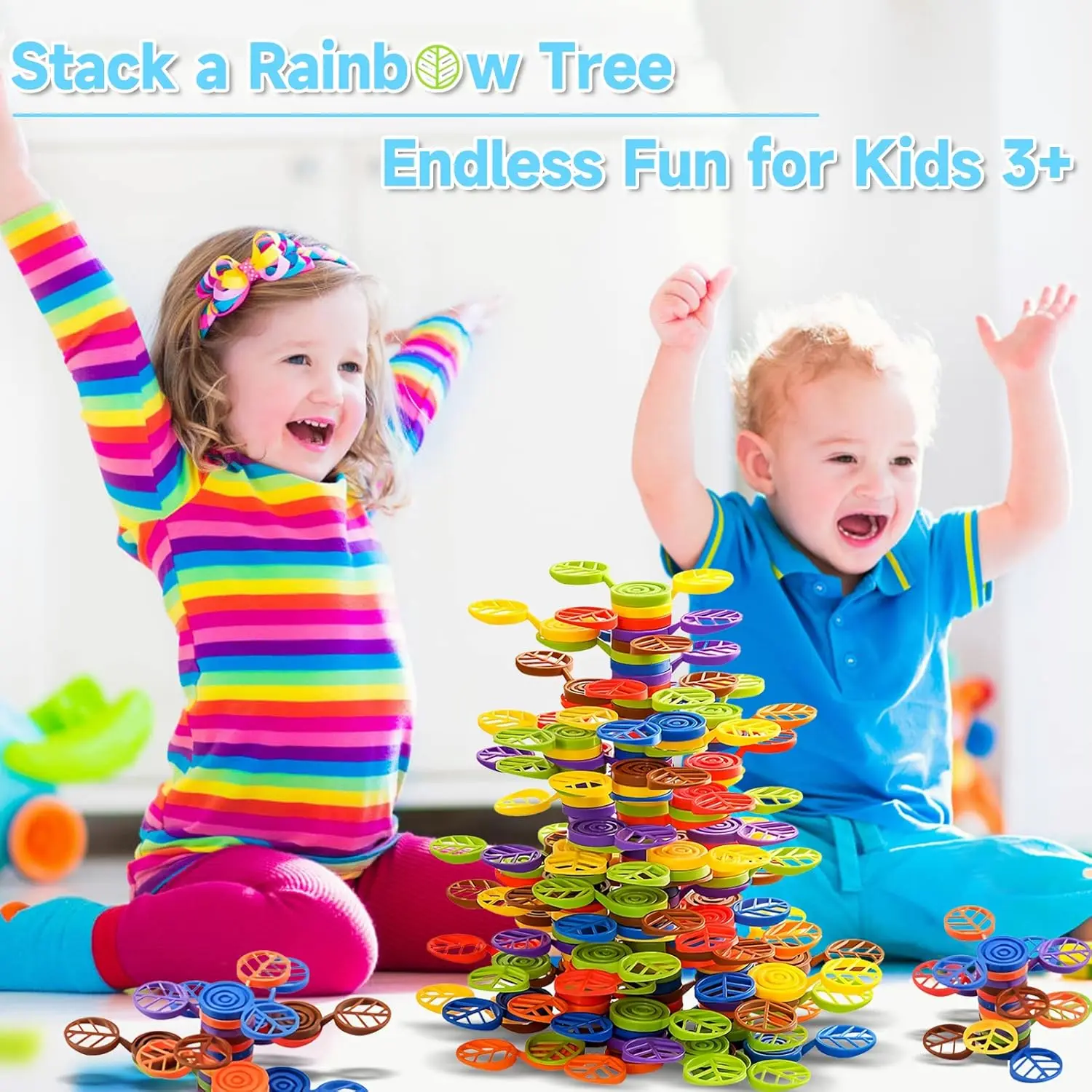 Stack-a-Rainbow-Tree Plastic Stacking Blocks 70 Piece, Balance Game Building Toys for Kids Ages 3-8, Preschool Kindergarten Educ