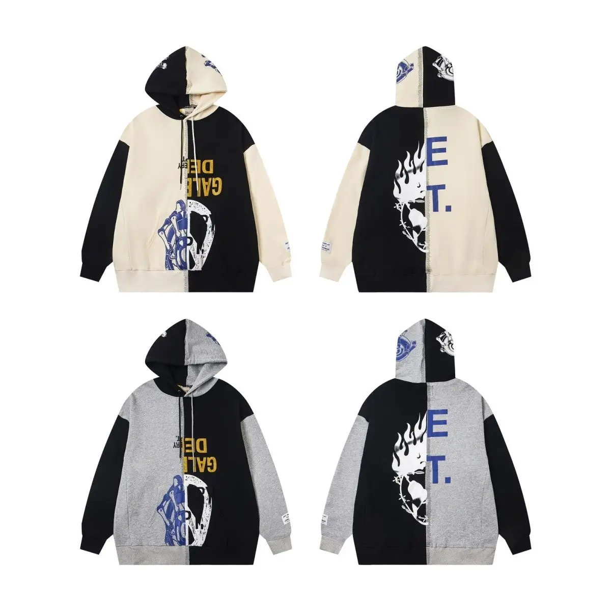 Gallery Dept Skull Print Colorblock Patchwork Hip Hop Oversized Fleece Lined Hoodie Sweatshirt