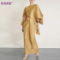 GGHK 2024 Women Fashion Set Pure Color Irregular Design Top + Casual Retro Back Split Sexy Dress Elegant Female Two Piece Suit