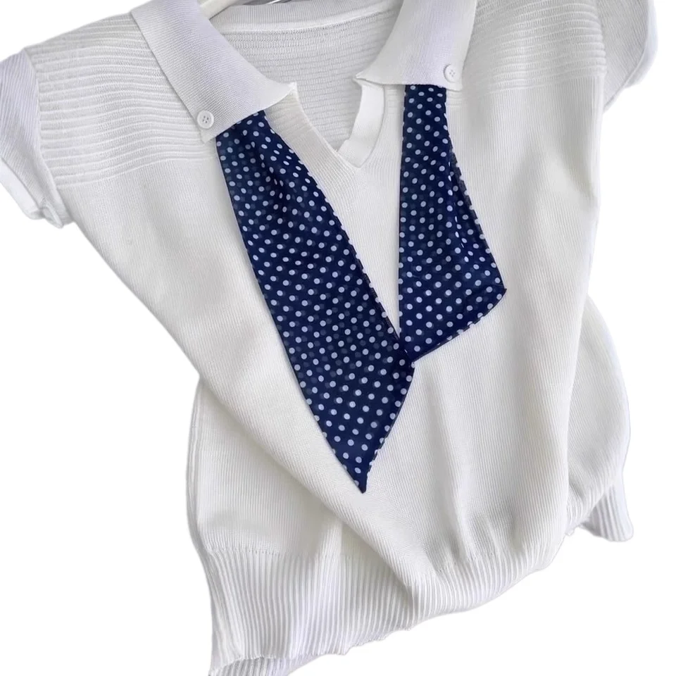 2026 Temperament Sense Contrasting Color Streamer Splicing Short-sleeved Knitted Sweater Summer New Niche Slim And Thin Top