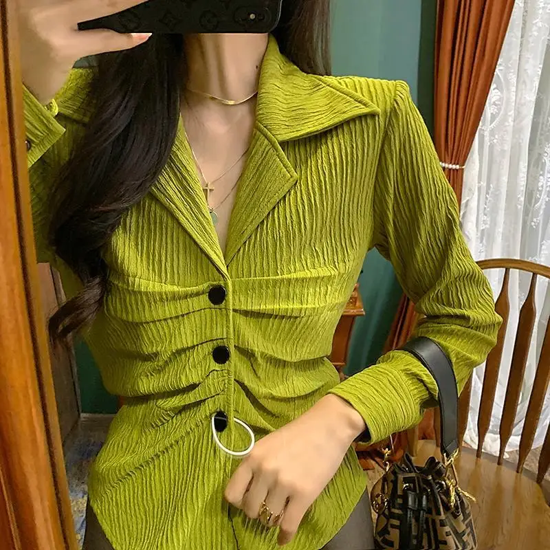 Women Clothing Slim Turn-down Collar Ladies Buttons Tops 2024 New Streetwear Fashion T-Shirt Solid Pleated Spring Autumn Blouses