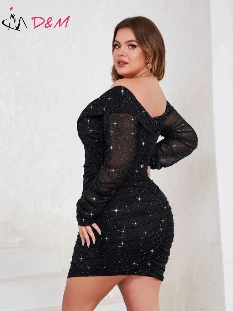 D&M Brand Plus Off Shoulder Ruched Glitter Bodycon Dress Prom Party Dress for Women 2023 Nightclub Sexy Vestidos Para Mujer