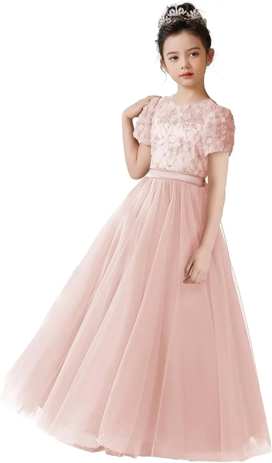 

Платье с цветочным узором для девочек, 3D вышивка, кружево, аппликация, пышный тюль, атласный бант, платье макси с высокой талией, вечерние платья, вечернее платье