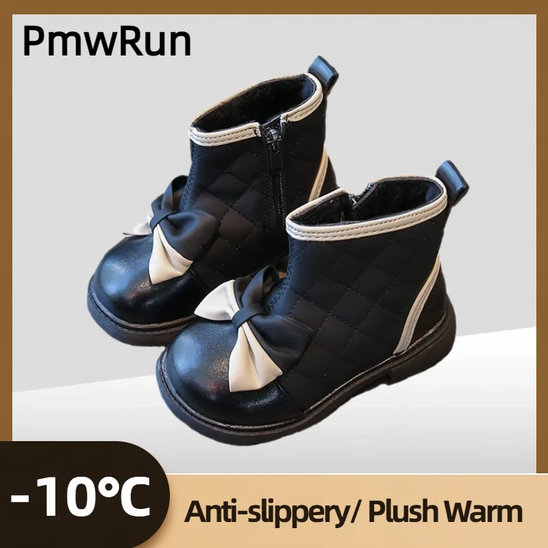 

Плюшевые сапоги в корейском стиле для девочек, детские зимние сапоги с милым бантом, мягкие сапоги принцессы на низком каблуке для детей, зимняя теплая хлопковая обувь