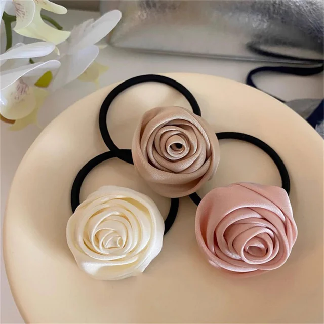 French Satin Rose Flower Scrunchies Opaska do włosów dla kobiet Dziewczyny Koreański słodki kwiatowy kucyk Elastyczna opaska do włosów Nakrycie głowy