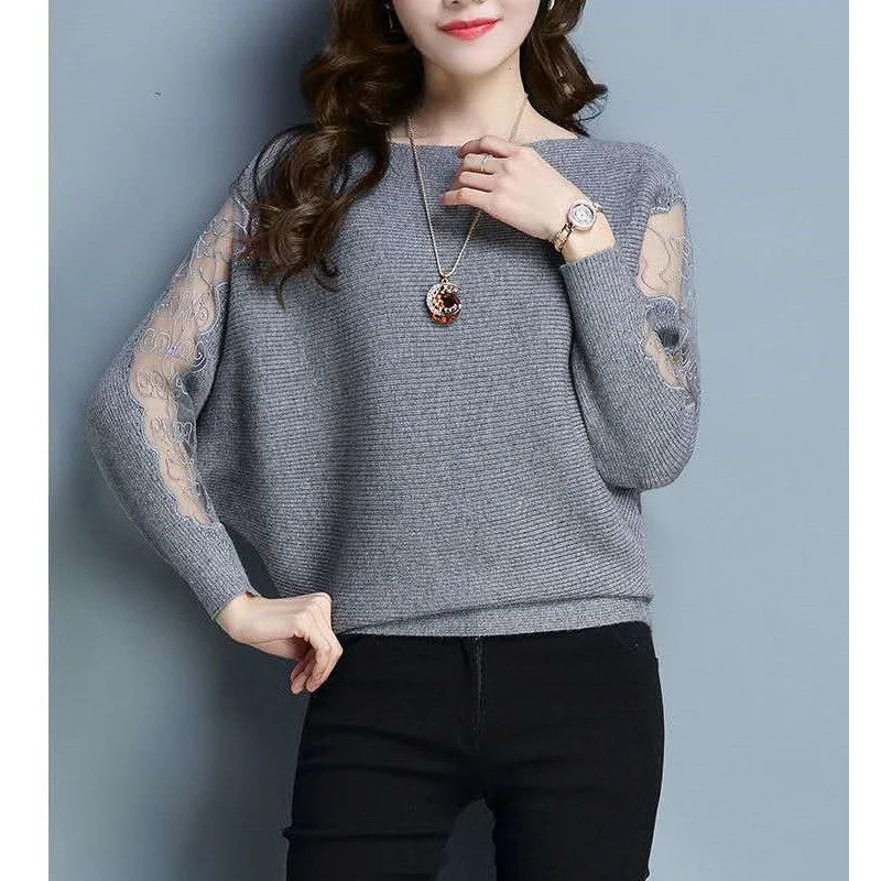 Spring Autumn Slash Neck Knitting Lace Patchwork Pullovers Long Sleeve Solid Loose Hollow Sweaters Elegant Fashion Women Clothes