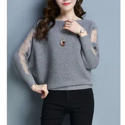 Spring Autumn Slash Neck Knitting Lace Patchwork Pullovers Long Sleeve Solid Loose Hollow Sweaters Elegant Fashion Women Clothes