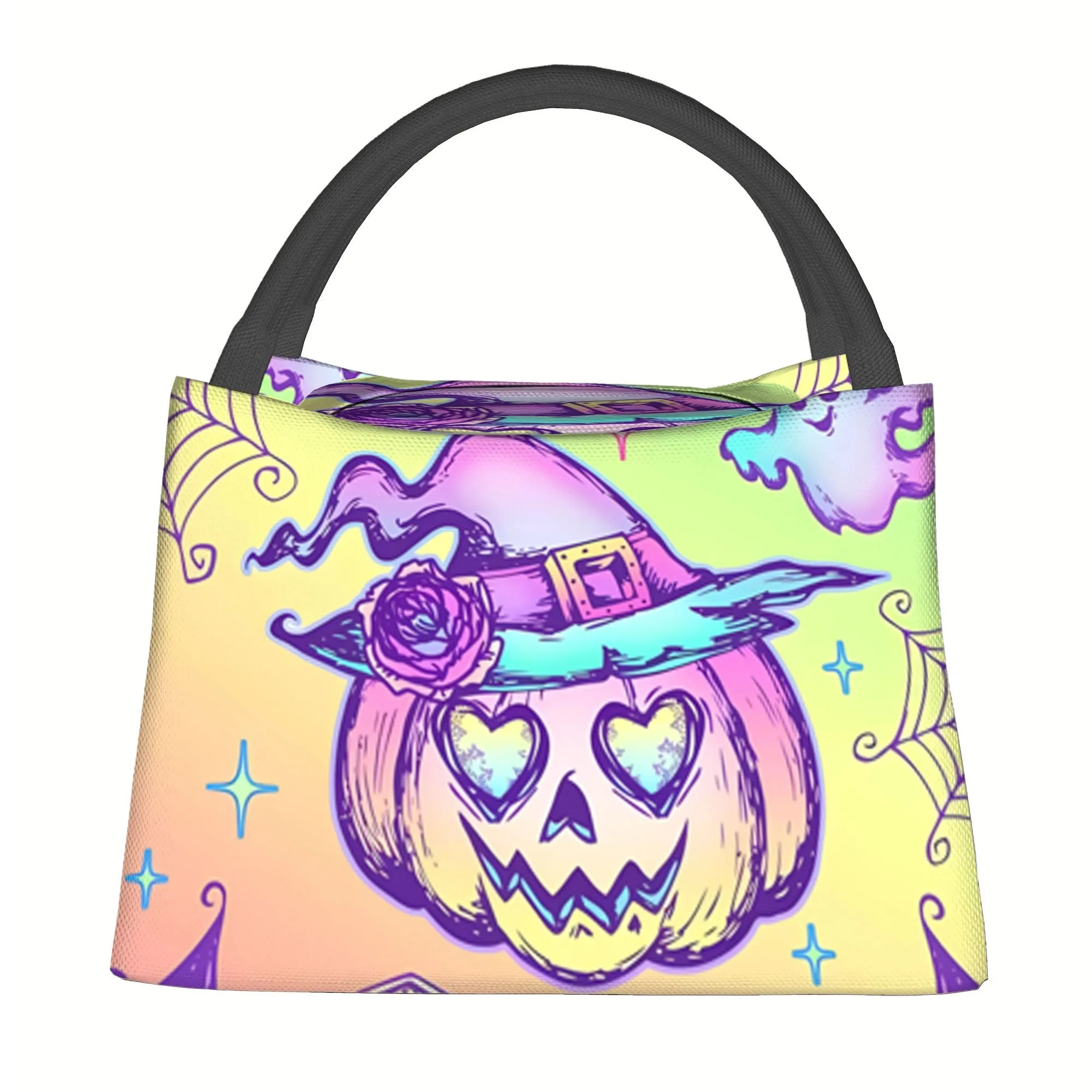 Halloween Pumpkin Witch Print Insulated Tote Bag Portable Reusable Thermal Lunch Bag for Work Picnic