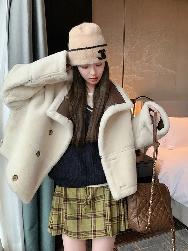 Casual Lamb Wool Quilted Jackets Women Korean Fashion Thick 2023 Autumn Winter Faux Fur Long Sleeve Warm Female Lapel Coat