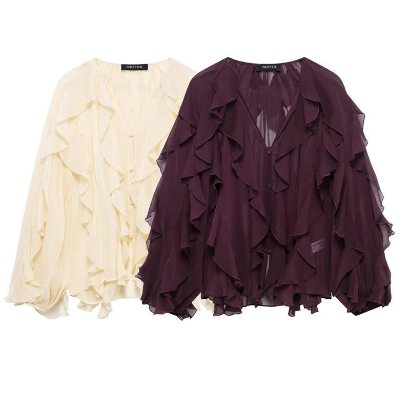 New Arrival Layered Decorative Shirt For Spring Loose-Fit Casual Single-Breasted Blouse Fashion Women's V-Neck Solid Color Top