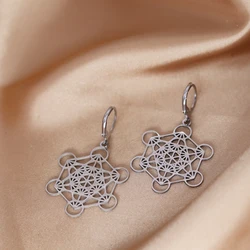 Stainless Steel Angel Seal Archangel Metatron Cube Earrings for Women Men Sacred Geometry Amulet Religious Spiritual Jewelry