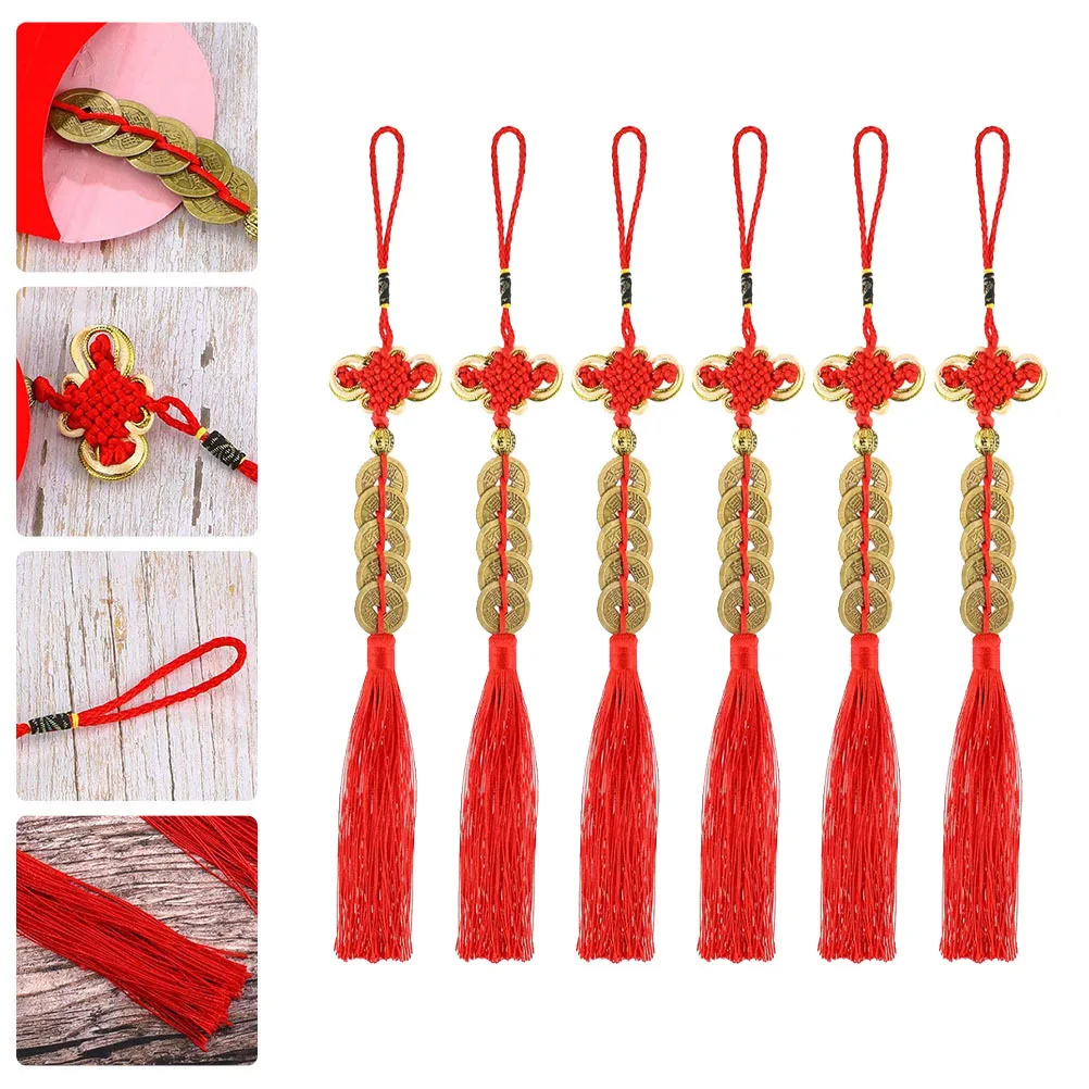 

6Pcs Chinese Knot Feng Shui Coins Red Tassel Pendant Fortune Charms for New Year Home Office Car Decoration Spring Festival