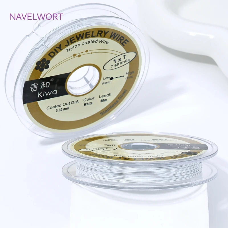 50 m Rolle 0,3/0,38 mm weißer rhodiumgoldener Stahldraht, nylonbeschichteter Edelstahl-Perlendraht für die Schmuckherstellung, DIY-Armbandzubehör – Detail 27