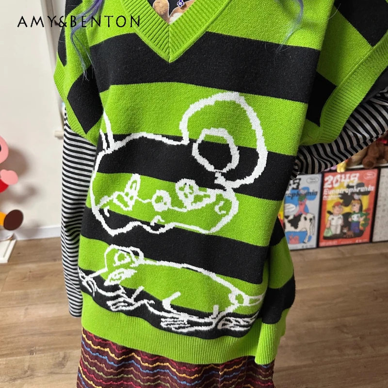 

Оригинальный дизайн, милый крутой свободный утягивающий универсальный женский жилет без рукавов, осень-зима, новые полосатые вязаные шерстяные жилеты, женские