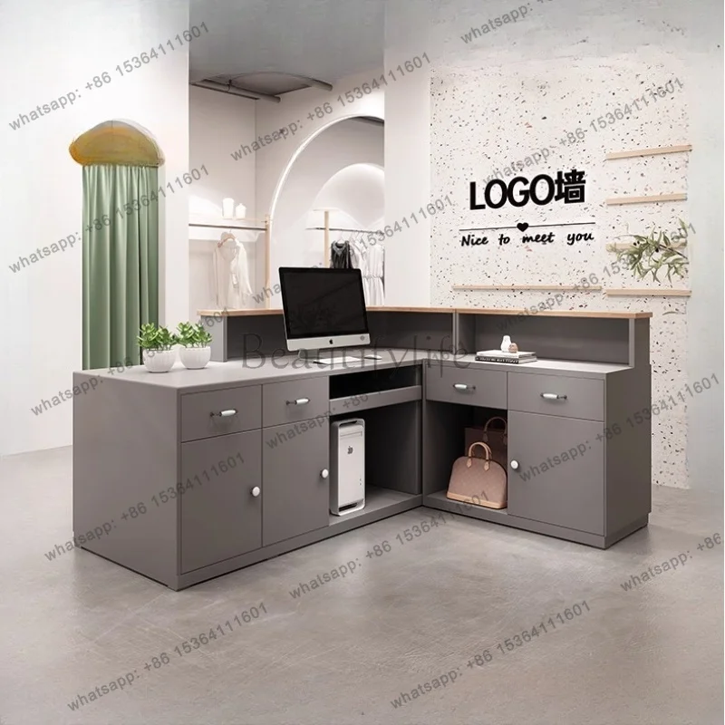 LJY DecorCheckout Counter Reception Center Beauty Mostrador Negocio Commercial Furniture Checkout Counter Shelf Reception Desks 5