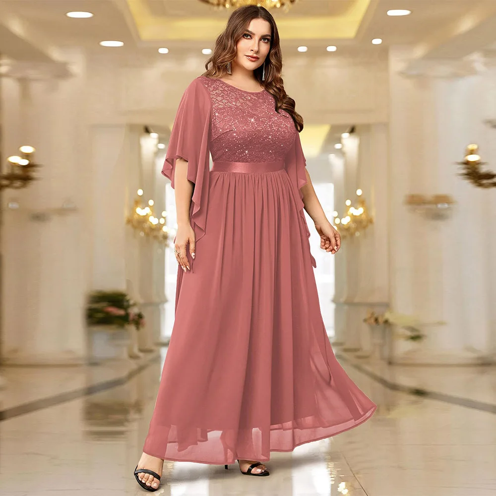 فستان MOLISA نسائي مقاس كبير مزين بالترتر مع أكمام عباءة كيب مكشكشة فستان أم العروس أنيق للحفلات ماكسي 2025