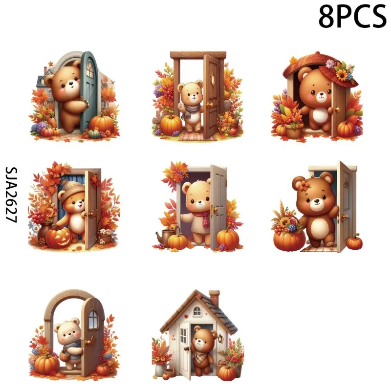 Cute Autumn Bear with House UV DTF Cup Stickers, Waterproof Sticker Pack for Decorating Mugs, DIY Art Supplies，Home Decoration