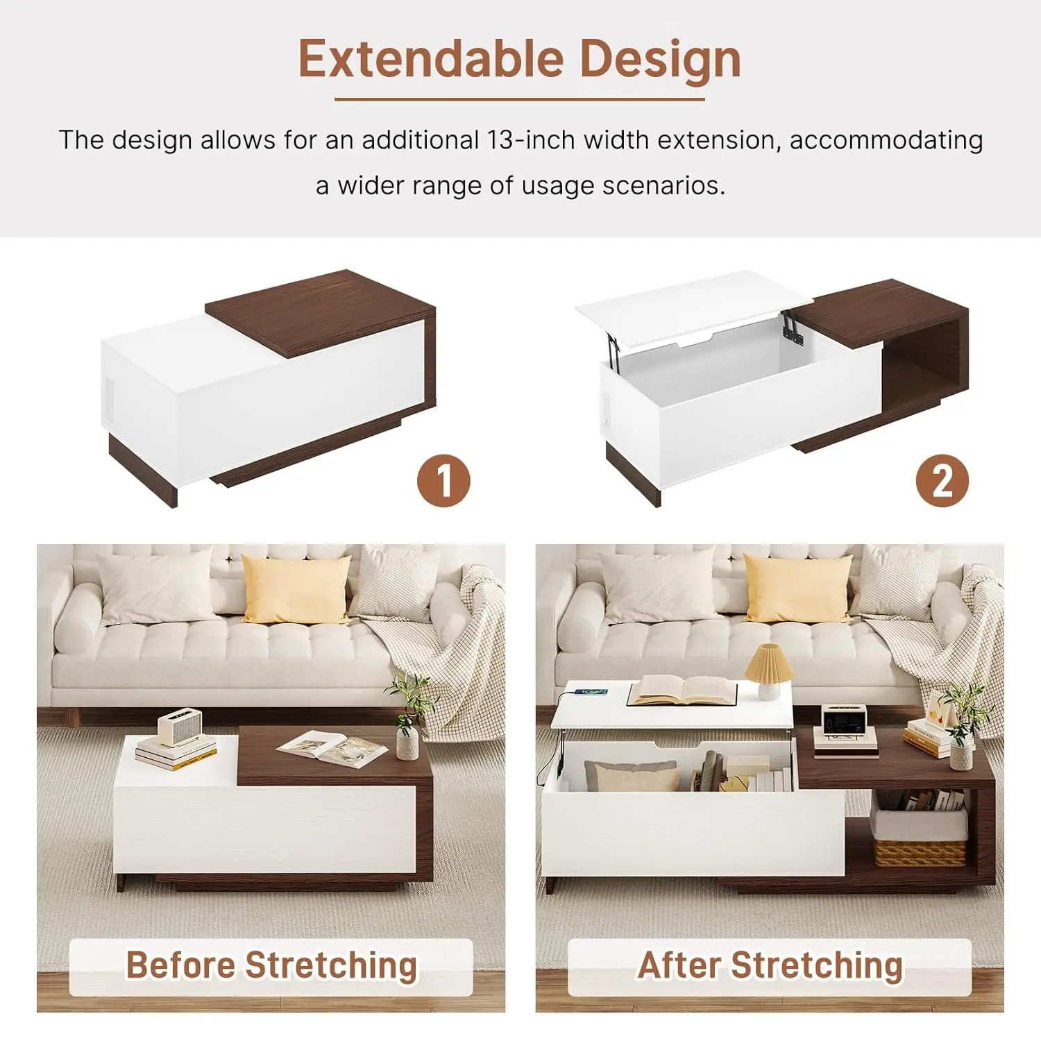 طاولة قهوة قابلة للتمديد مع قاعدة شحن، طاولة قهوة قابلة للرفع مقاس 47.2 بوصة - 59 بوصة مع مساحة تخزين مخفية، طاولة مركزية لتوفير المساحة مع