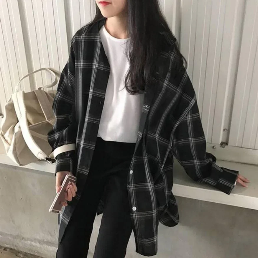 Blouses Women Classic Long Plaid Vintage Simple Student Korean Style Womens Shirts All-match Casual Soft Harajuku Fashion Daily