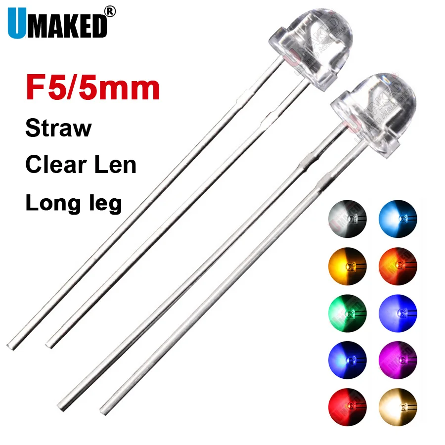 1000PCS NEW F5 5mm  3.0-3.2V Straw hat LED White Super bright LED lamp Wide Angle Transparent LED Lamp Strawhat 28mm leg length