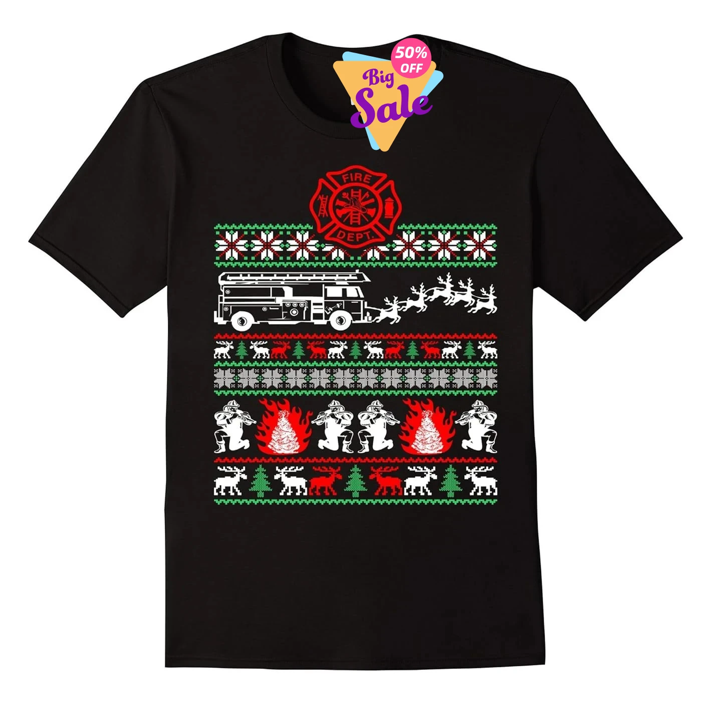 Fire Department Ugly Christmas Sweater Firefighter T-Shirt 100% Cotton O-Neck Summer Short Sleeve Casual Mens T-shirt Size S-3XL