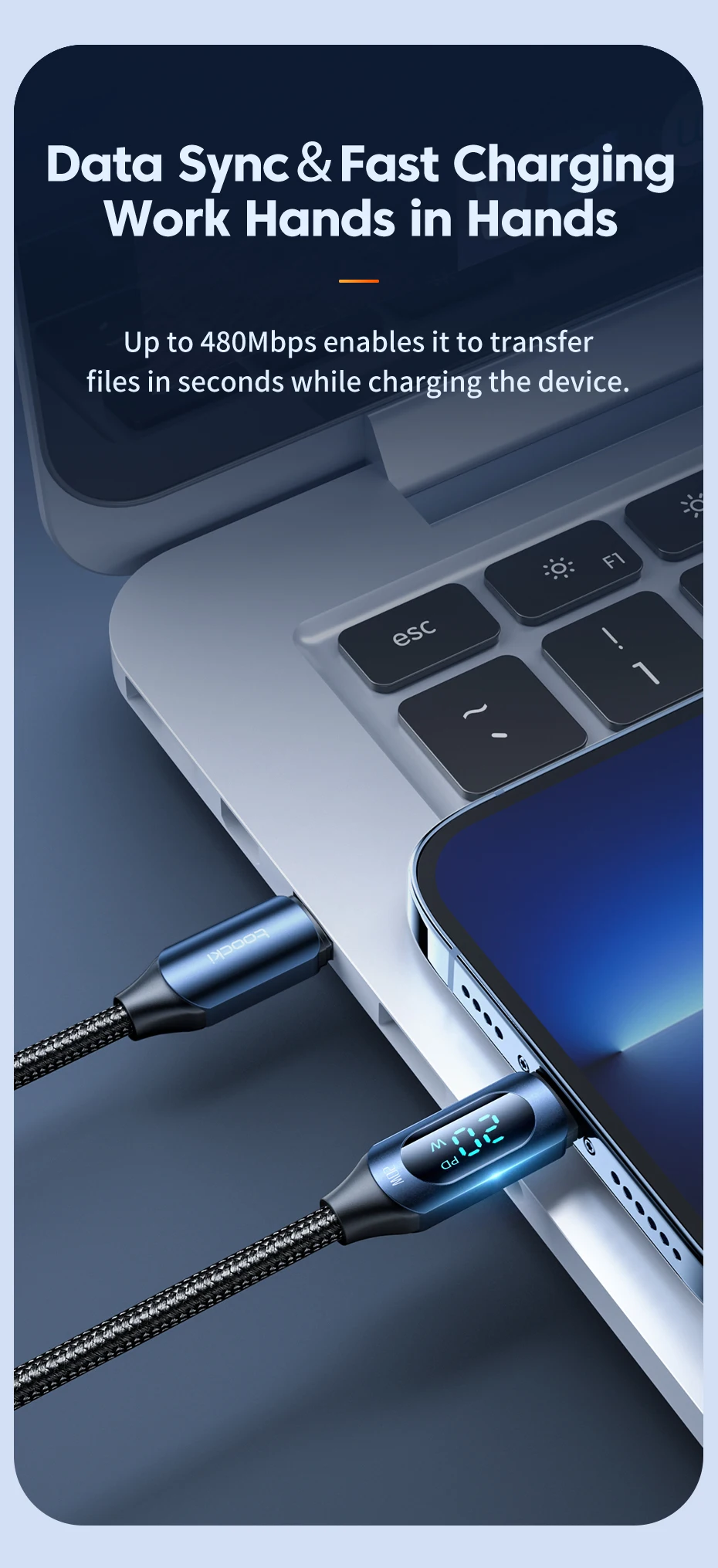 Toocki PD20W USB-C-Lightning-Kabel mit LED-Digitalanzeige, Schnellladekabel für iPhone 14 13 12 Pro Max 8 7, Typ C zu Lightning – Detail 9