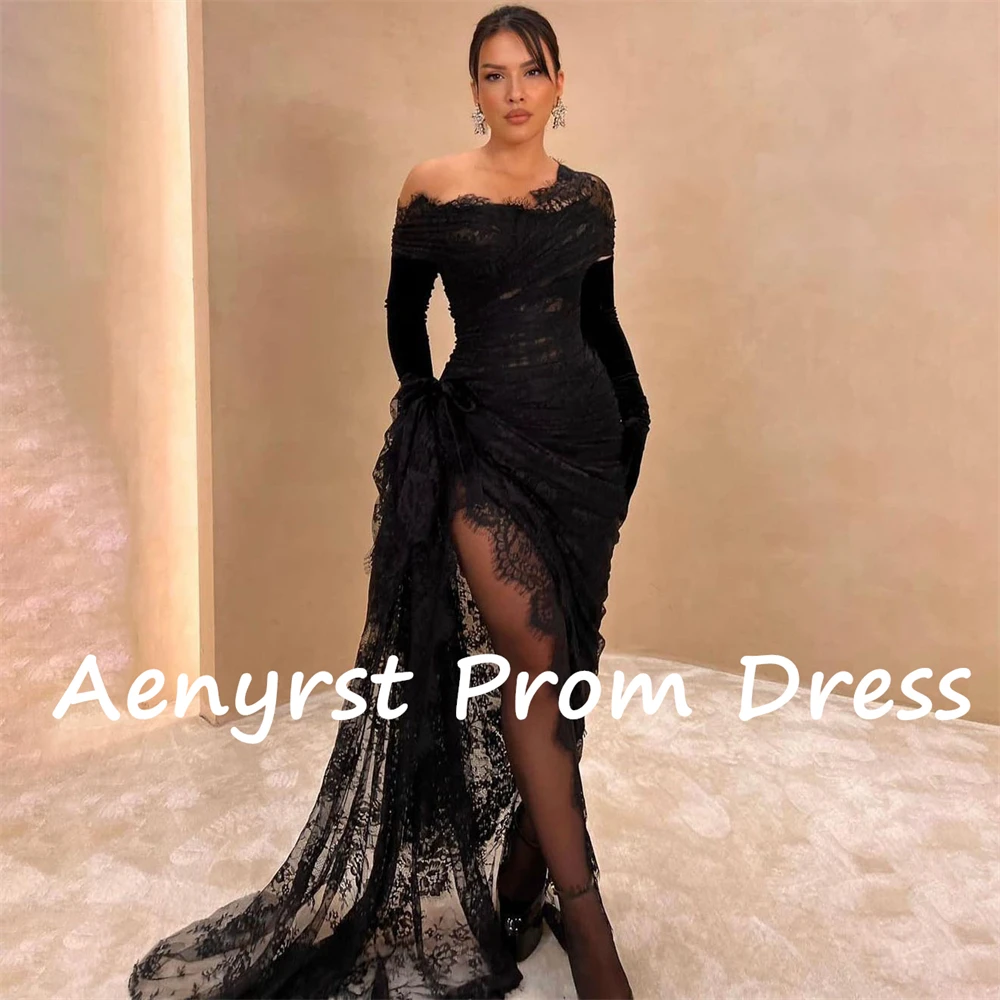 Aenyrst Black Illusion Lace Long Sleeves customized Evening Dresses Mermaid Split Prom Dress Floor Length Dinner Party Gowns