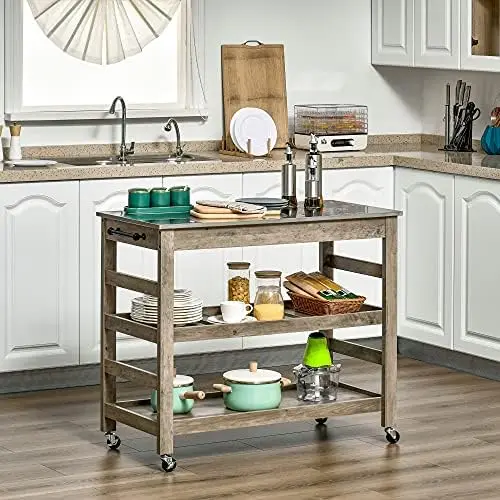 Rolling Kitchen Cart with Stainless Steel Countertop, Kitchen Butcher Block Cart with 1 Bottom Shelf, 1 Slotted Middle