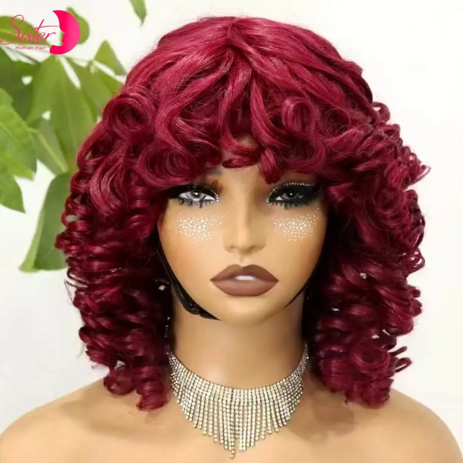 

250% Density Burgundy 99J# Bouncy Curly Human Hair Wigs with Bangs Machine Made Loose Colored Curly Bob Wig PrePlucked for Women