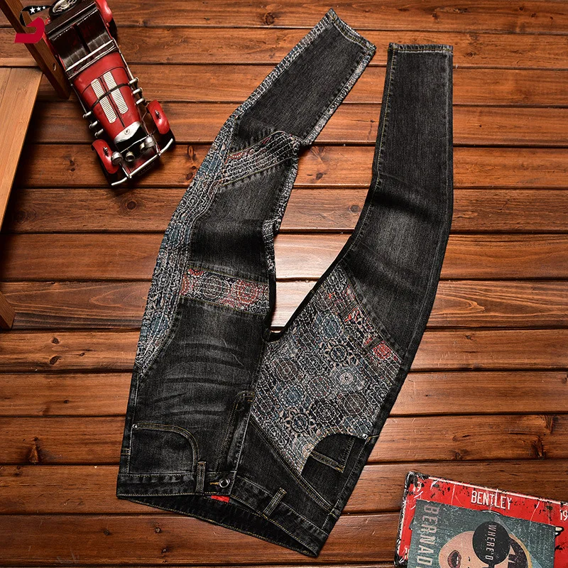 Vaqueros bordados con costuras para hombre, pantalones ajustados elásticos a la moda con contraste de Color, personalidad, tendencia, pantalones de motocicleta a la moda