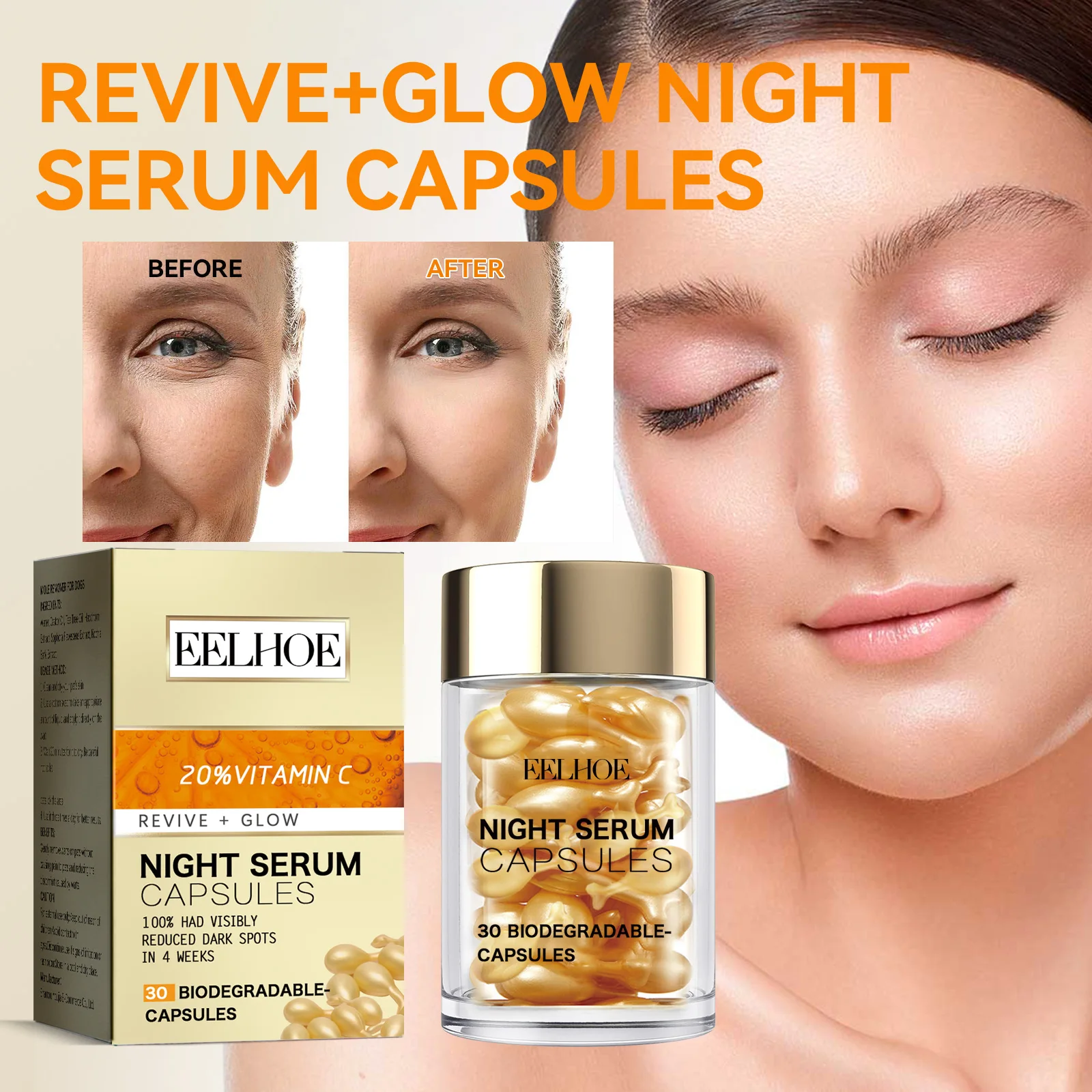 Sérum Facial em Cápsulas de Vitamina C, Clareador Anti-Envelhecimento, Reparador de Rugas e Manchas Escuras, Essência Hidratante para Rejuvenescimento