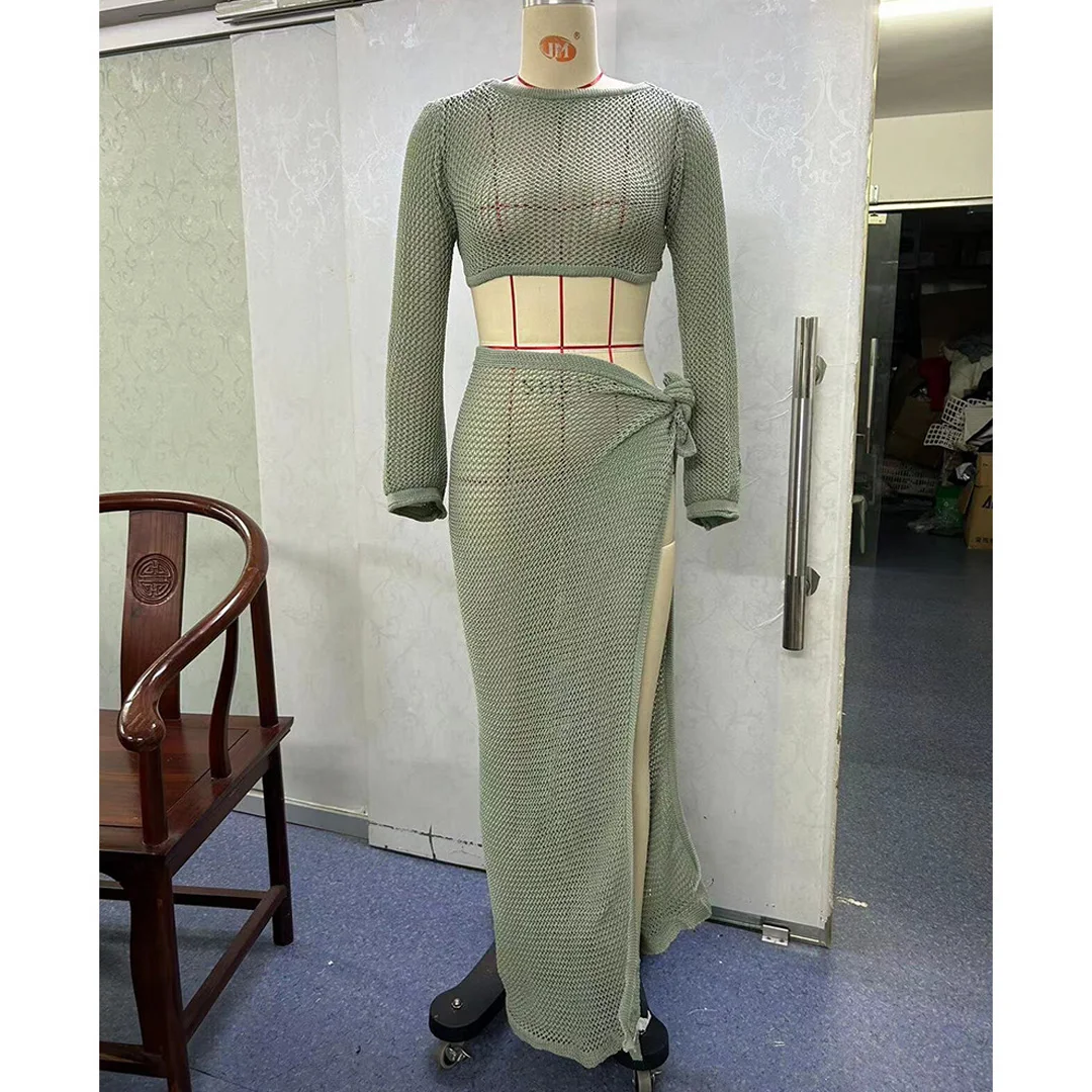Durchsichtiges, langärmeliges, gehäkeltes, gestricktes Tunika-Strandkleid, Strandkleid, Strandmode, Damen V5991 – Detail 13