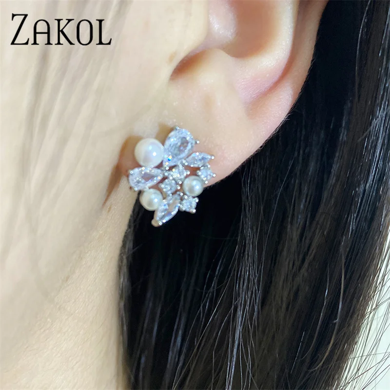 ZAKOL Korean Flower Shape Imitation Pearl Stud Earrings for Women Fashion Geometry White Zircon Earring Wedding Jewelry