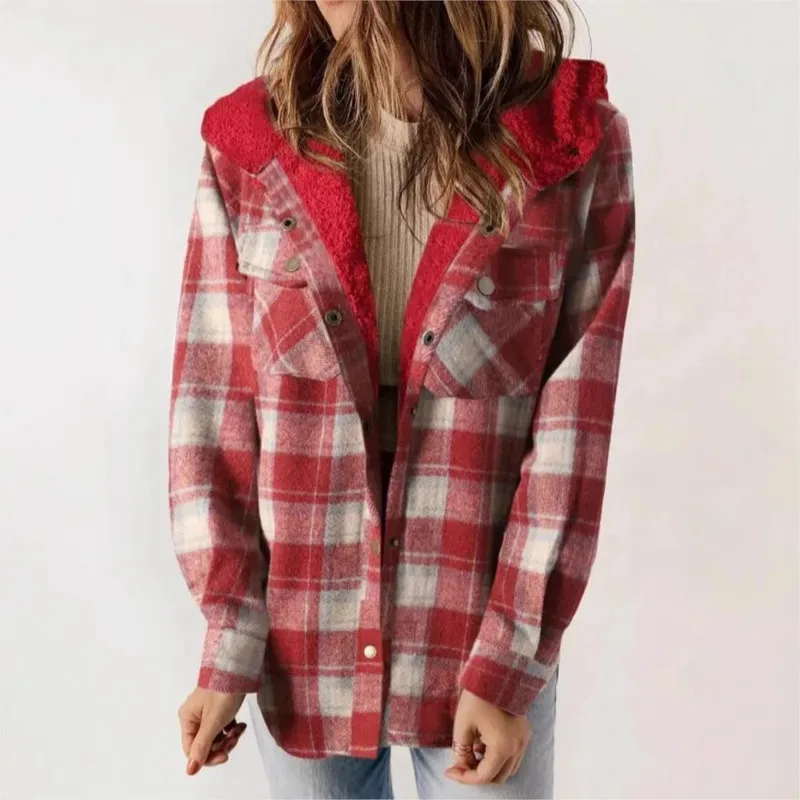 Casual Lose Tasche Warme Weibliche Hemd Jacke 2025, Vintage Büro Dame Winter Mantel Mode Frauen Langarm Kariertes Hemd Mantel