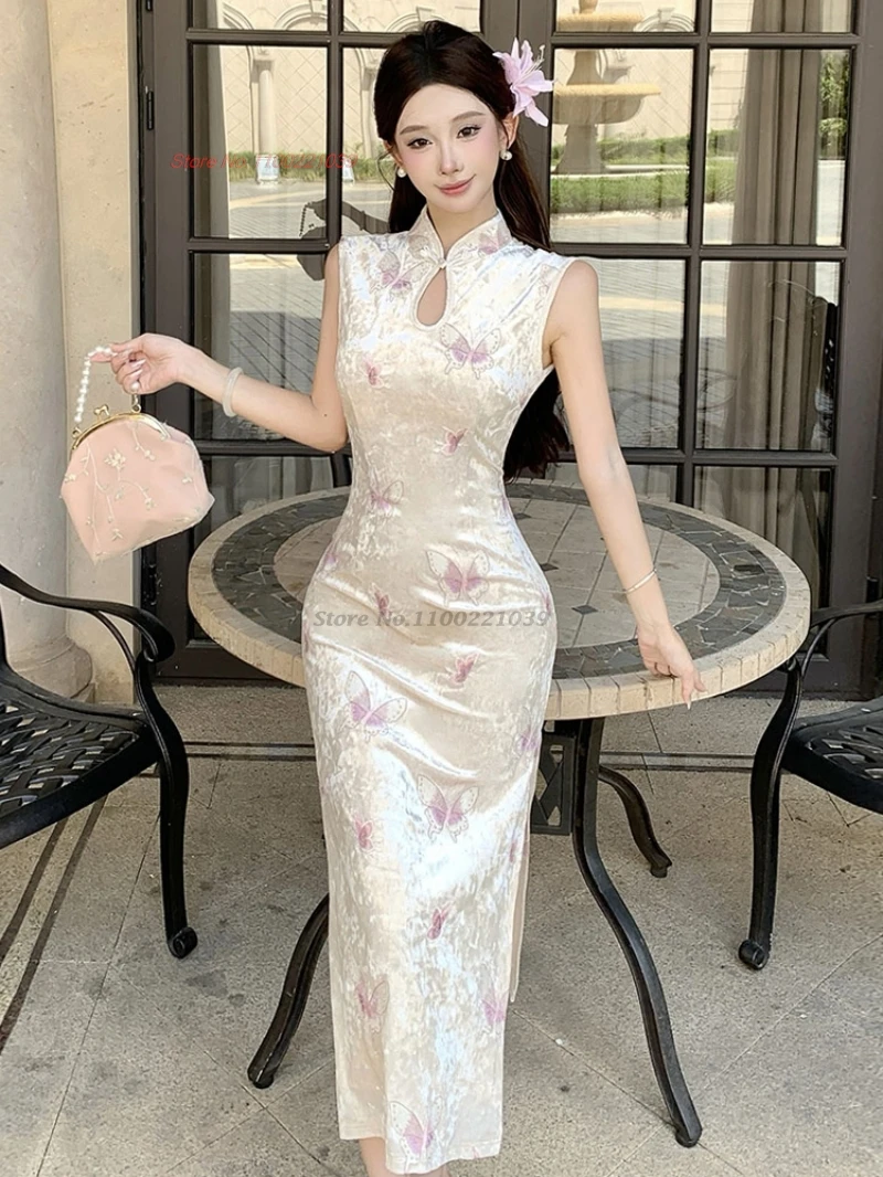 

Східное сексуальное платье Ципао 2021, улучшенное платье Ципао с традиционным цветочным принтом, бархатное Ципао, китайское банкетное платье для ночного клуба, Ципао