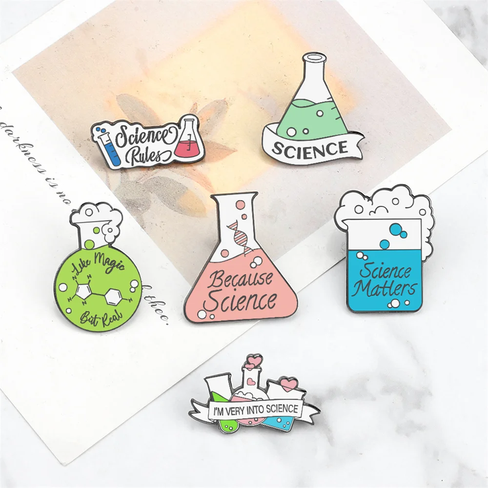 Science Enamel Pins Cartoon Chemistry Experiment Badge Element Molecular Structure Beaker Test Tube Brooches Bag Jewelry Gifts