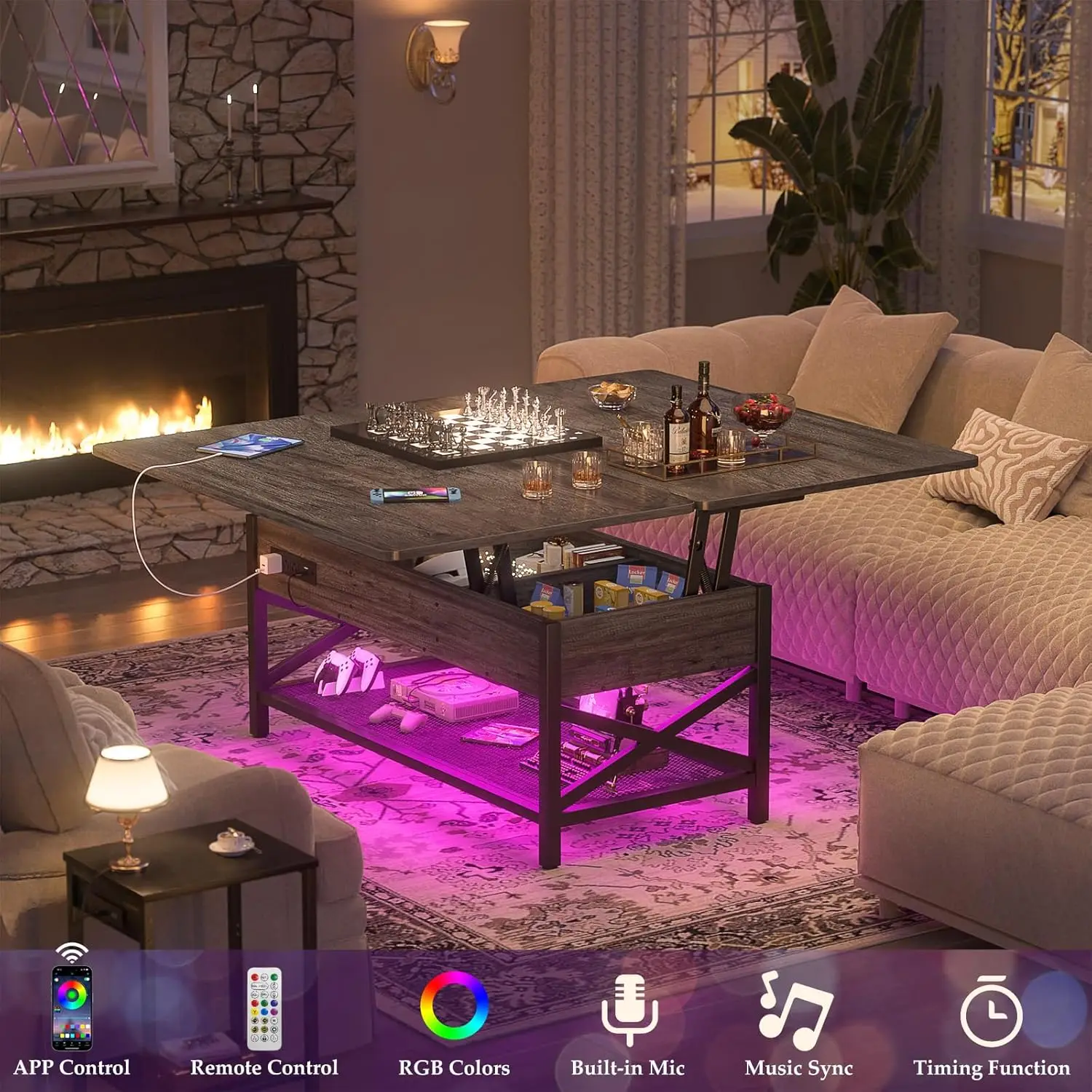 Mesa de centro elevable multifuncional de roble negro de 36": se convierte en mesa de comedor con luz LED, toma de corriente y estantes