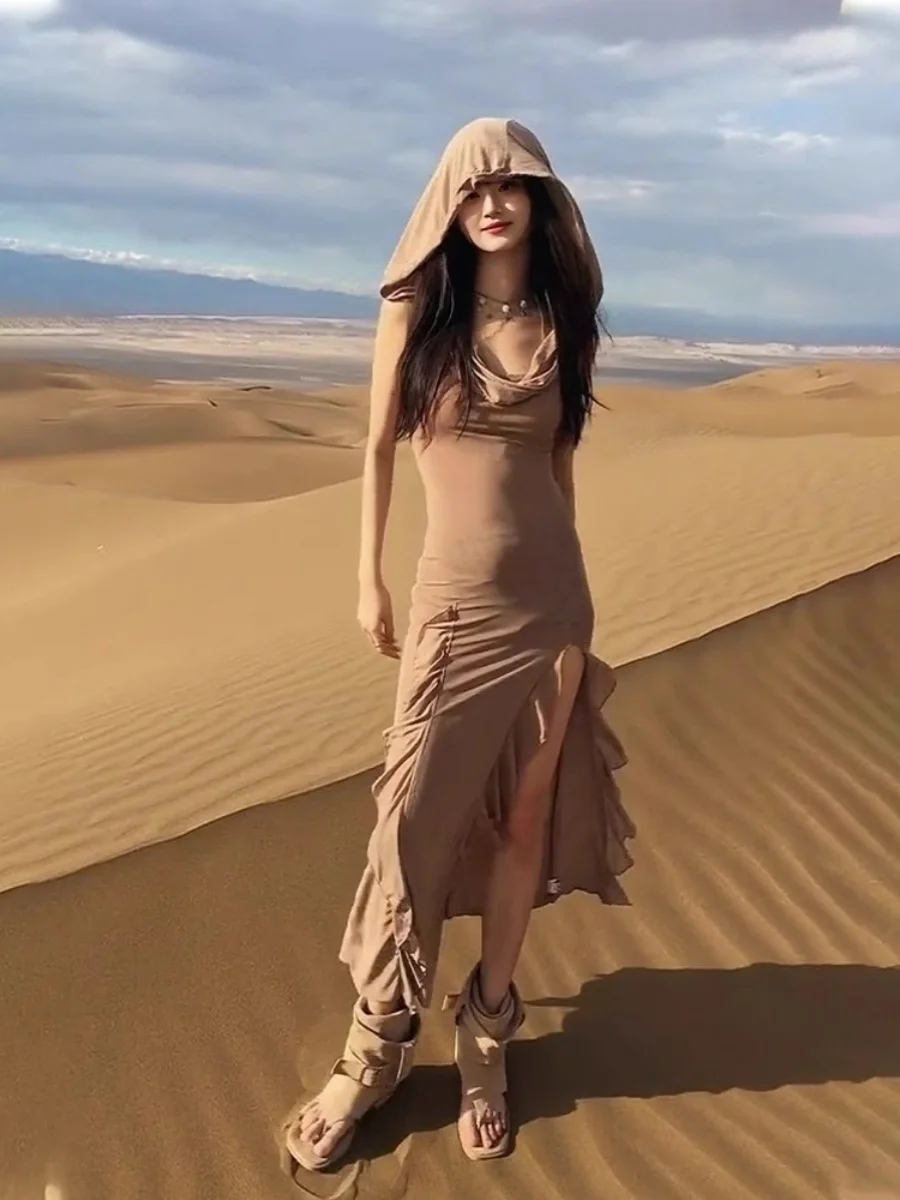 Desert Theme Asymmetric Hemline Hooded Dr Women's Summer Travel Casual Sle High Waist Slim Fit Long Skirt Maxi Dr