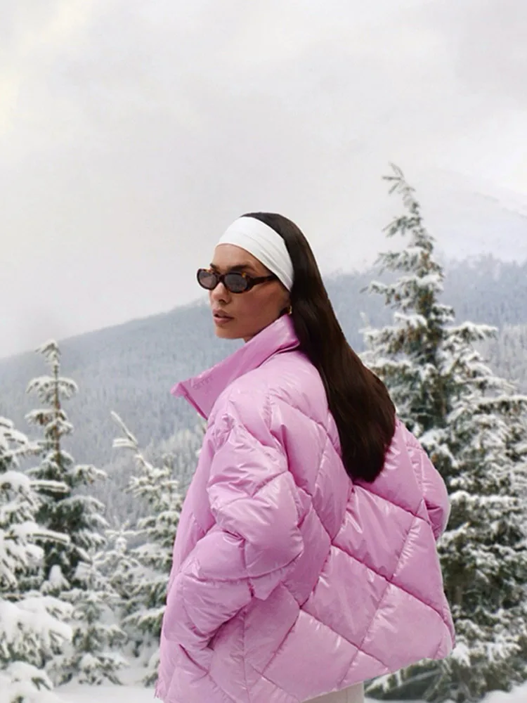 Donne Chic Rosa Risvolto Con Cerniera Imbottiture Cappotto di Modo Tasca A Maniche Lunghe Breve Giacca di Cotone di Spessore 2024 di Inverno Della Signora Nuovo Caldo Della Tuta Sportiva