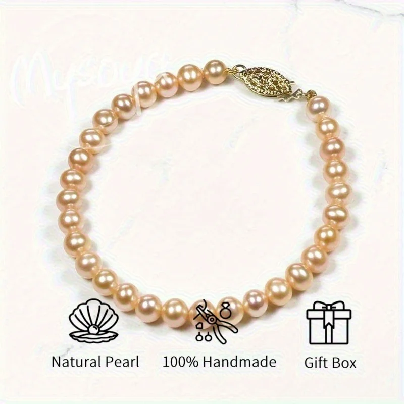 

MYSOYA 6-7 мм браслет из натурального розового пресноводного жемчуга для женщин и мужчин с подарочной коробкой, ювелирное изделие на день рождения, свадьбу, годовщину, подарок