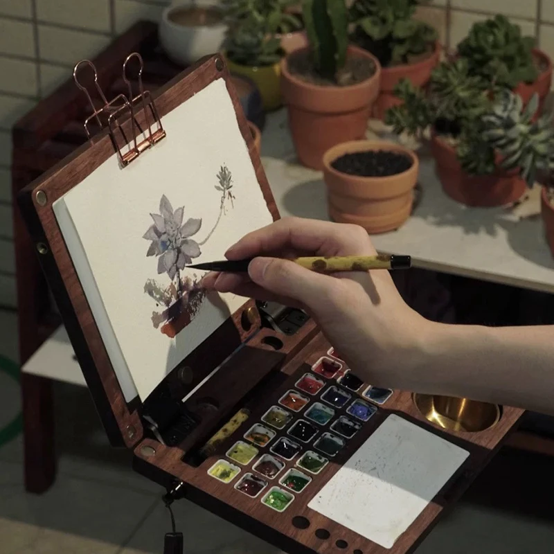 

Деревянная цветовая палитра, складная и ремешок, совместимая с уличной портативной коробкой для рисования маслом, акварельным пигментом