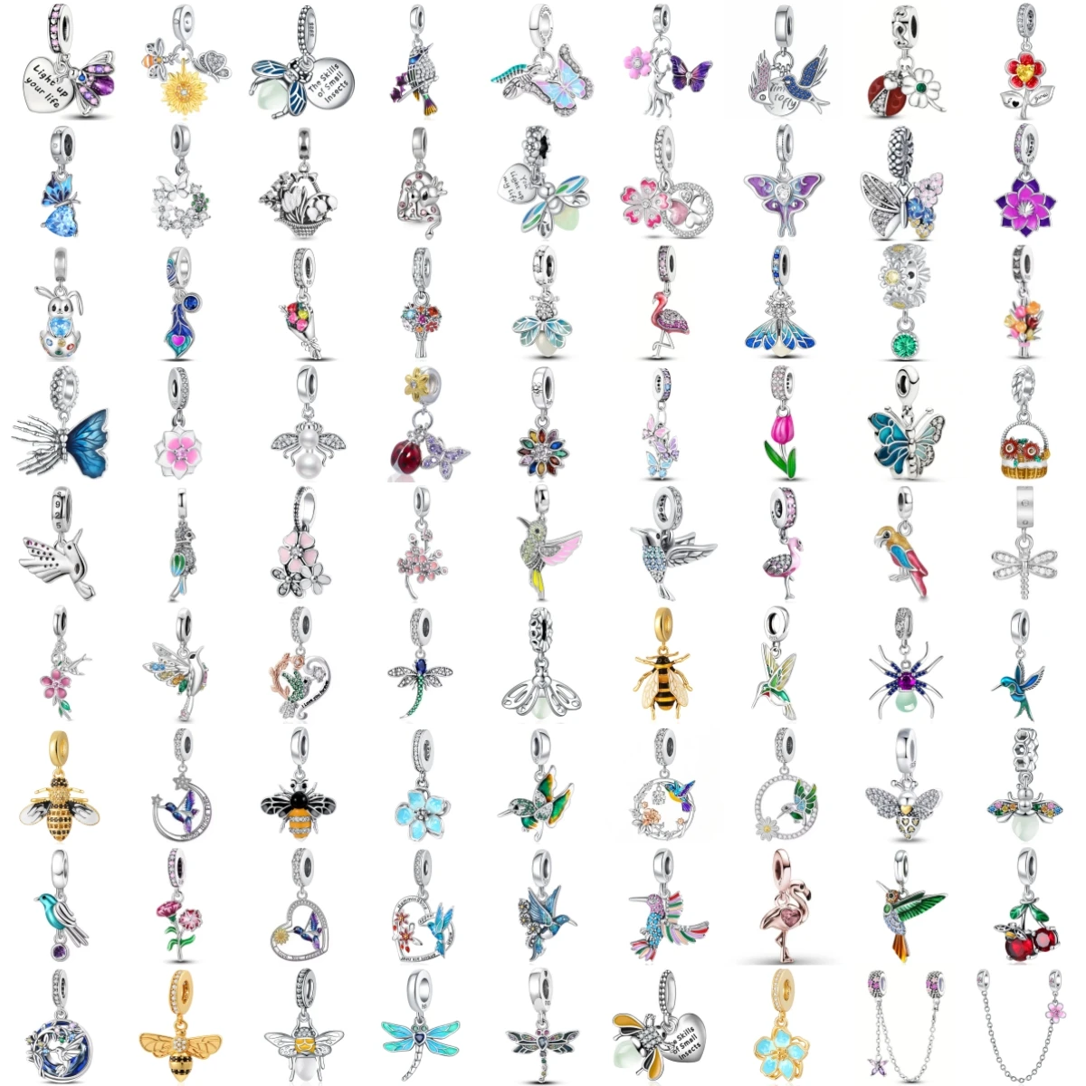 925 Sterling Silver Charm Colorful Butterfly Bee Dragonfly Flamingo Parrot Rabbit Tulip Daisy Pendant DIY Jewelry Gift