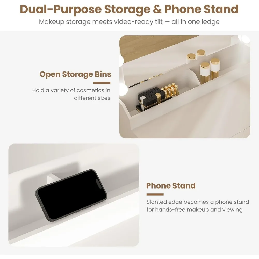 طقم مكتب مكياج لطاولة الزينة باللون الأبيض مع مخرج طاقة بمرآة مضاءة بإضاءة LED