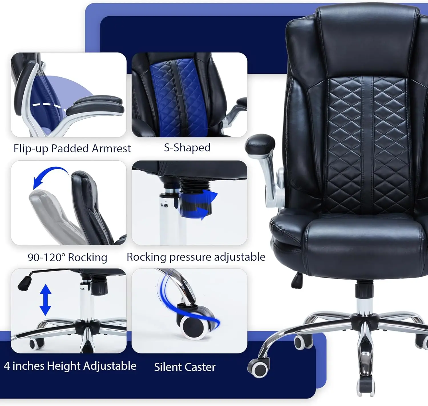 400lbs Executive Office Chair with Flip-Up Armrests, Big and Tall Ergonomic Computer Chair, Breathable PU Leather (Black)