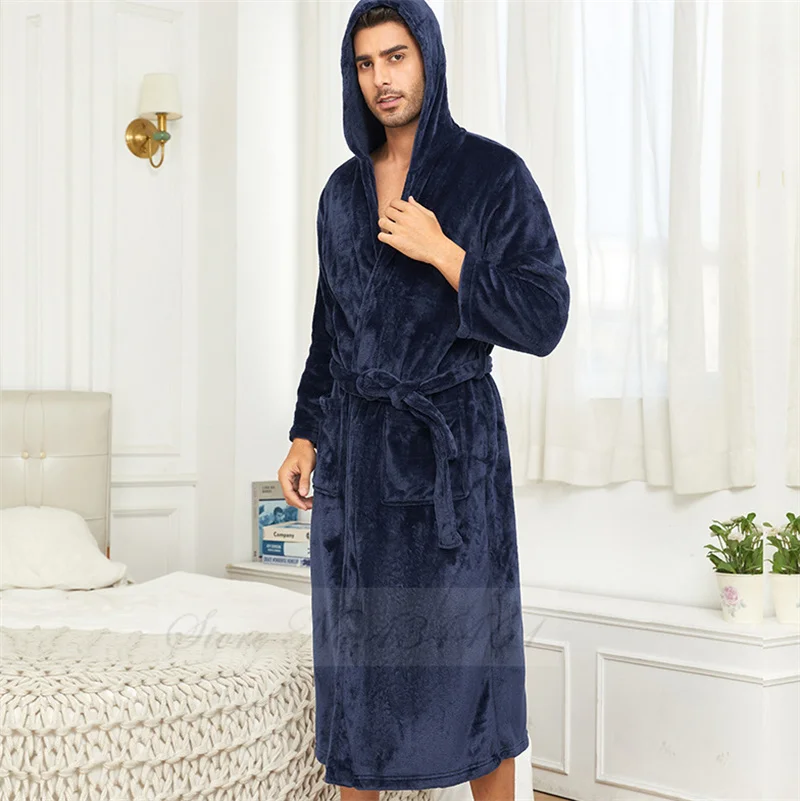 Winter Thicken Flannel Men\'s Long Robe Hooded Kimono Bathrobe Gown Warm Coral Fleece Sleepwear Lounge Wear Loose Home Clothes