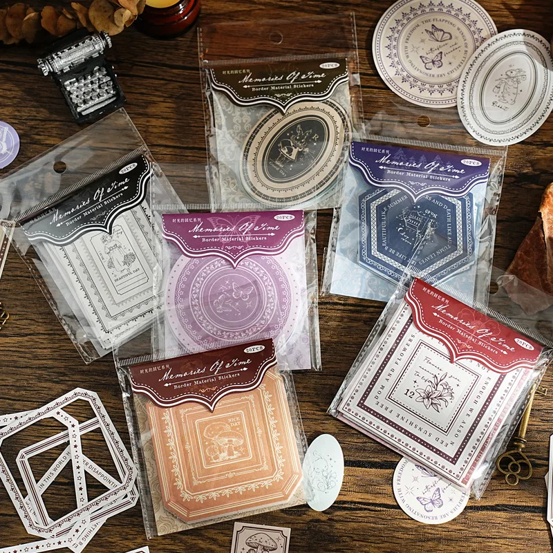 20 Sheets/Pack Sticker Bag Memories of Time Series Frame Material Light Retro Plant Hand Tent Decoration DIY Material Pack